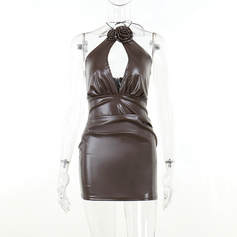 Leather Three-dimensional Flower Halter Sheath Dress