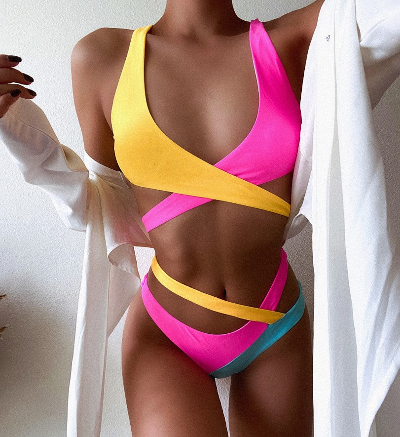 Color Ladies Split Bikini Set Cross Adjustable Strap