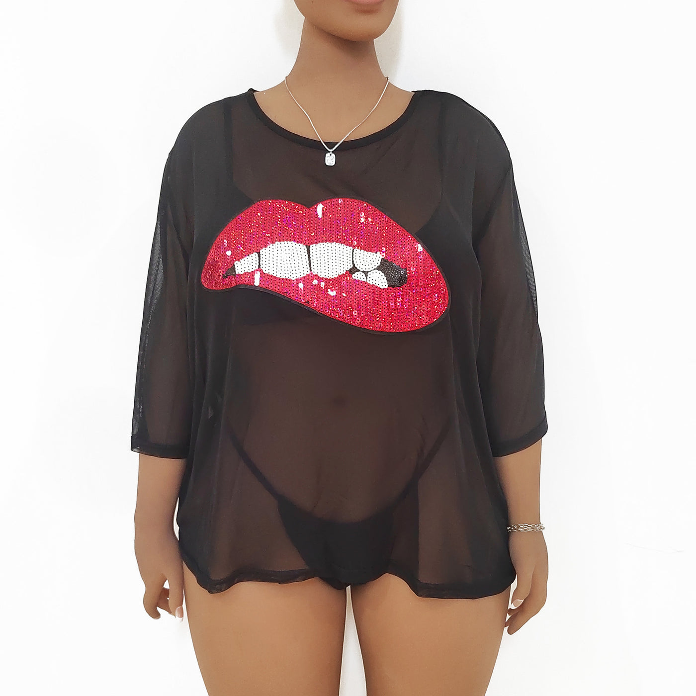 Plus Size Women Top Beach Cover Up Women Clothes Sequined Lip Stickers Sexy See Through Mesh T Shirt
