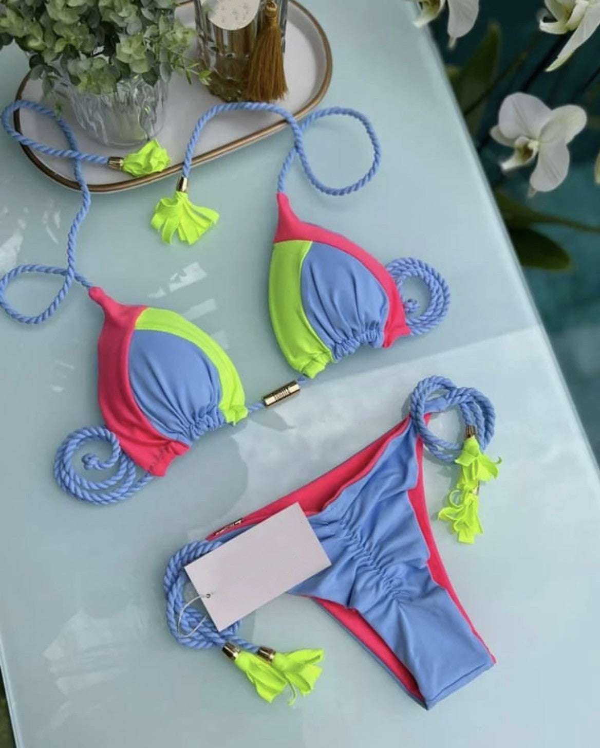 Bikini Brazilian Low Waist Patchwork Assorted Colors Triangle Braid Rope Bikini Split Swimsuit Women