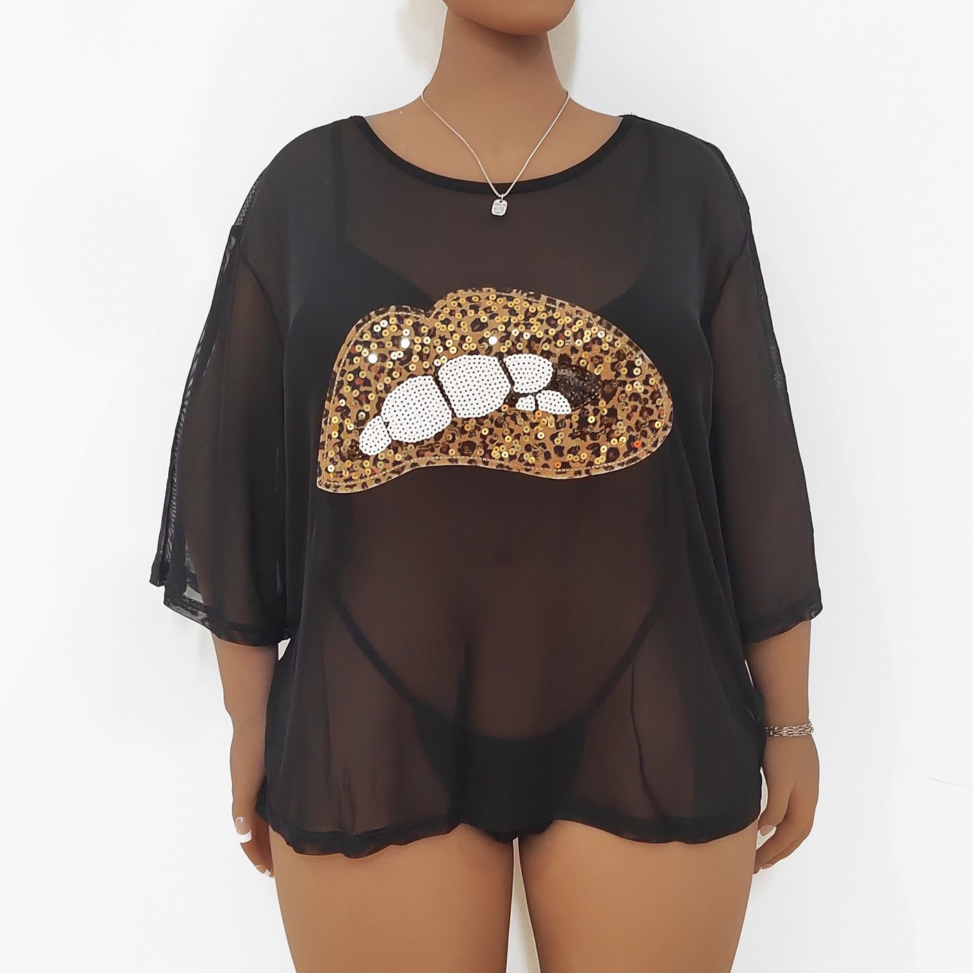 Plus Size Women Top Beach Cover Up Women Clothes Sequined Lip Stickers Sexy See Through Mesh T Shirt