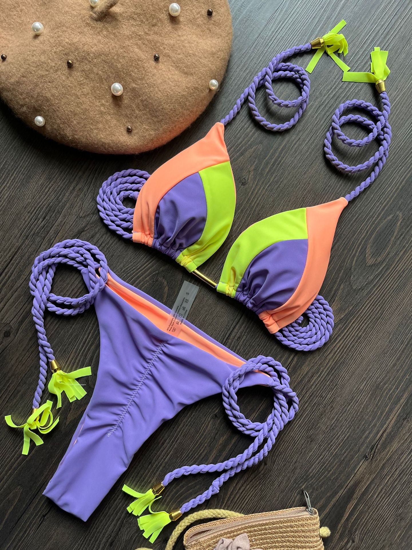 Bikini Brazilian Low Waist Patchwork Assorted Colors Triangle Braid Rope Bikini Split Swimsuit Women