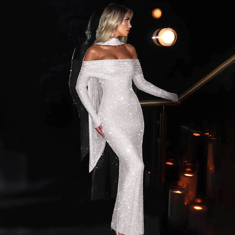 Spring Women Clothing Sexy Slim off Shoulder Backless Scarf Collar Long Sleeve Dress Women