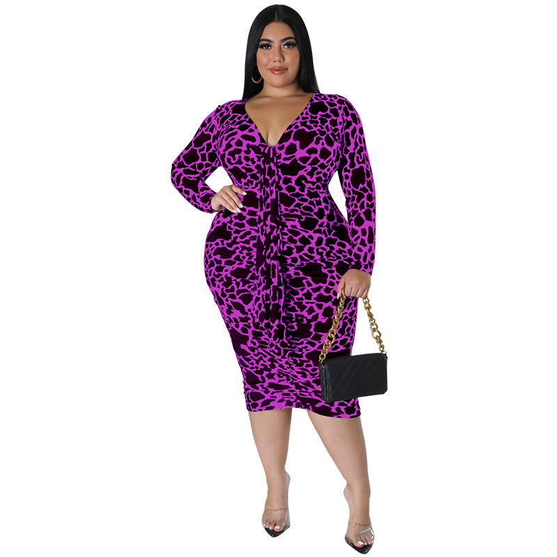 Plus Size Women Sexy Sheath Leopard Print Multi Color Long Sleeve Maxi Dress
