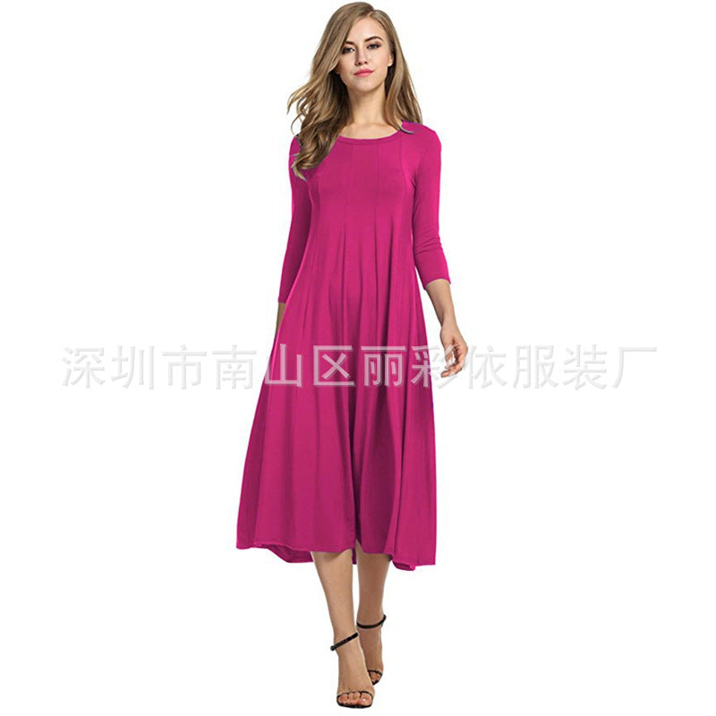 Round neck middle sleeve solid color large swing dress
