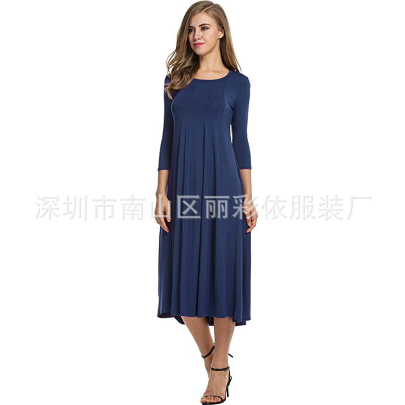 Round neck middle sleeve solid color large swing dress