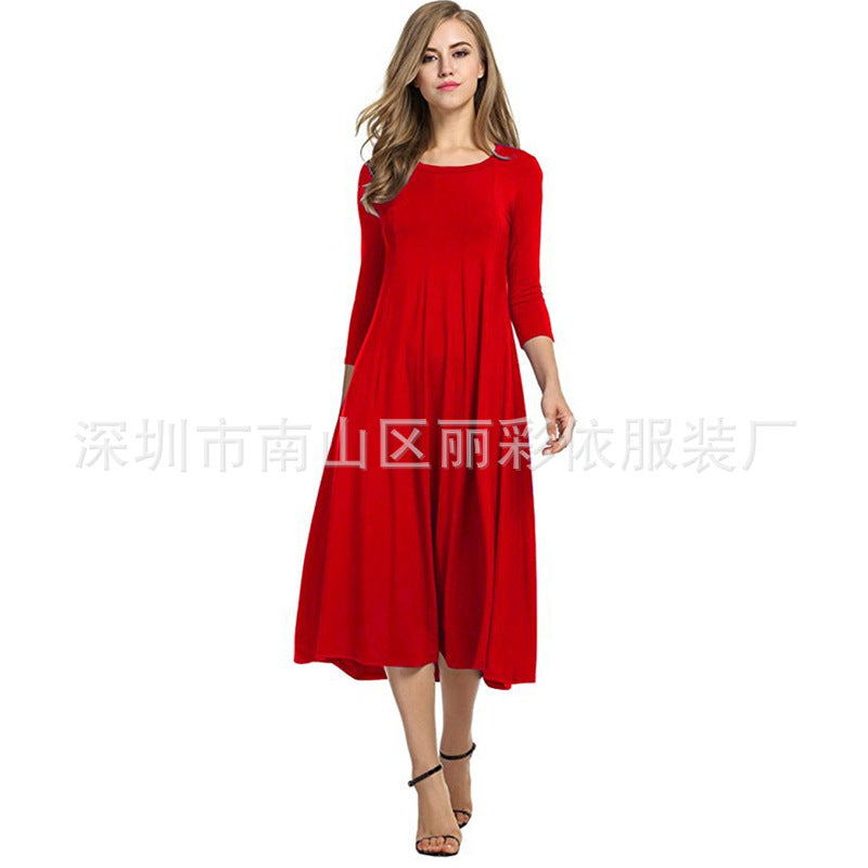 Round neck middle sleeve solid color large swing dress