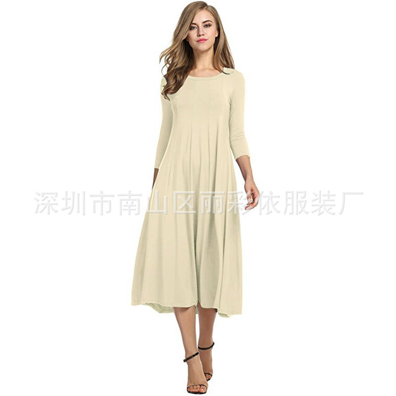 Round neck middle sleeve solid color large swing dress