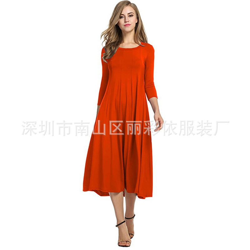 Round neck middle sleeve solid color large swing dress