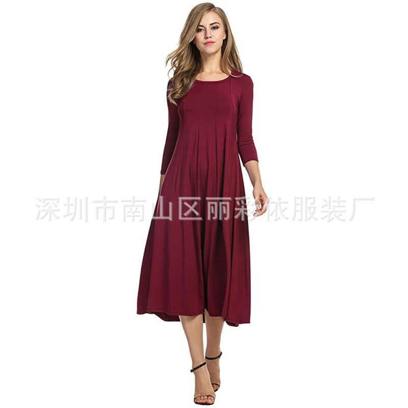 Round neck middle sleeve solid color large swing dress