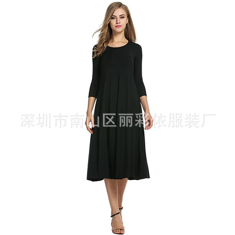 Round neck middle sleeve solid color large swing dress