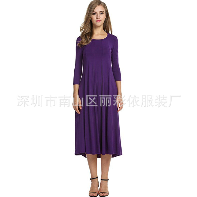Round neck middle sleeve solid color large swing dress