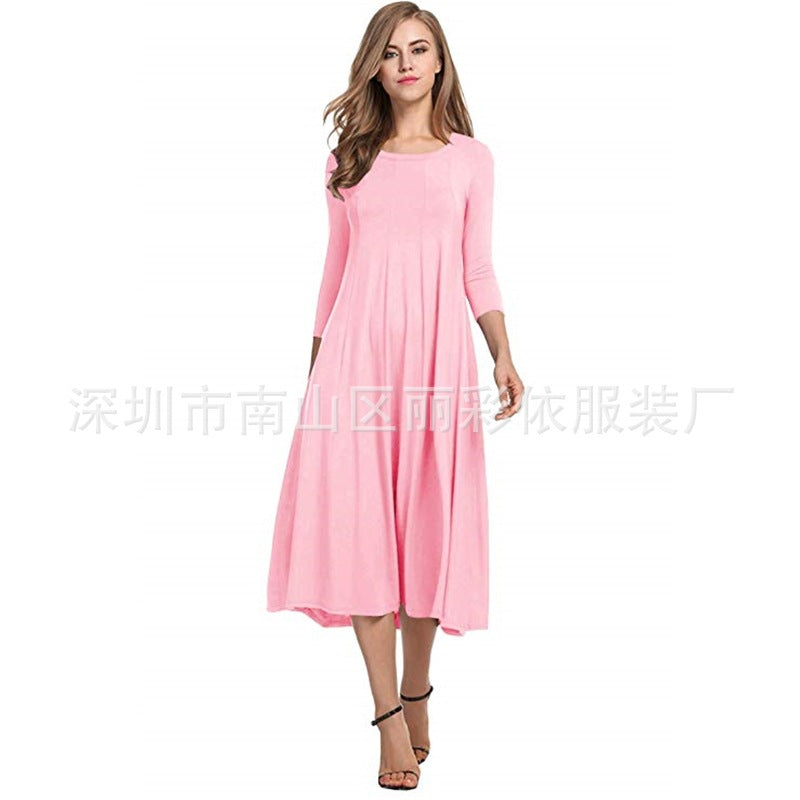Round neck middle sleeve solid color large swing dress
