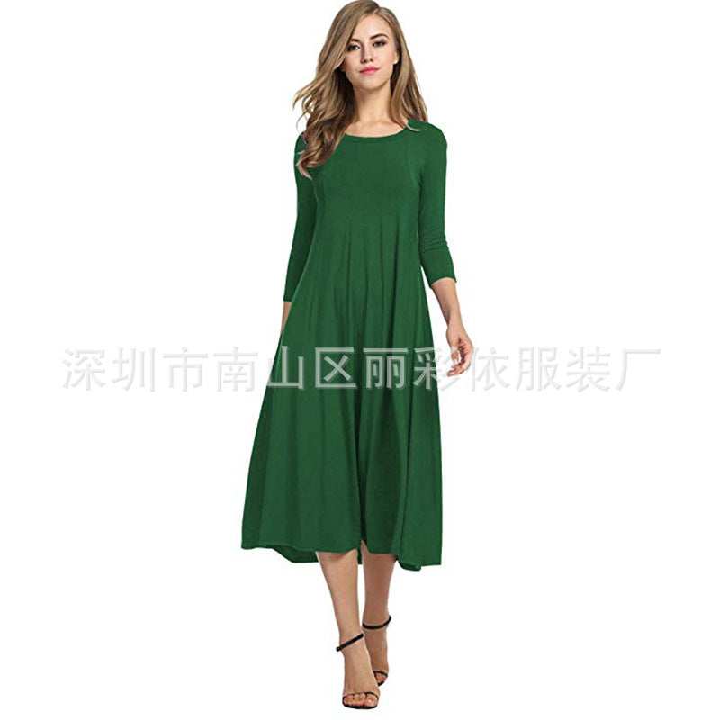 Round neck middle sleeve solid color large swing dress
