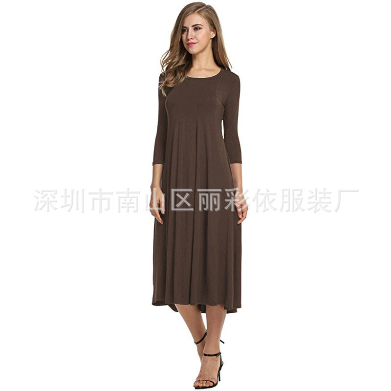 Round neck middle sleeve solid color large swing dress