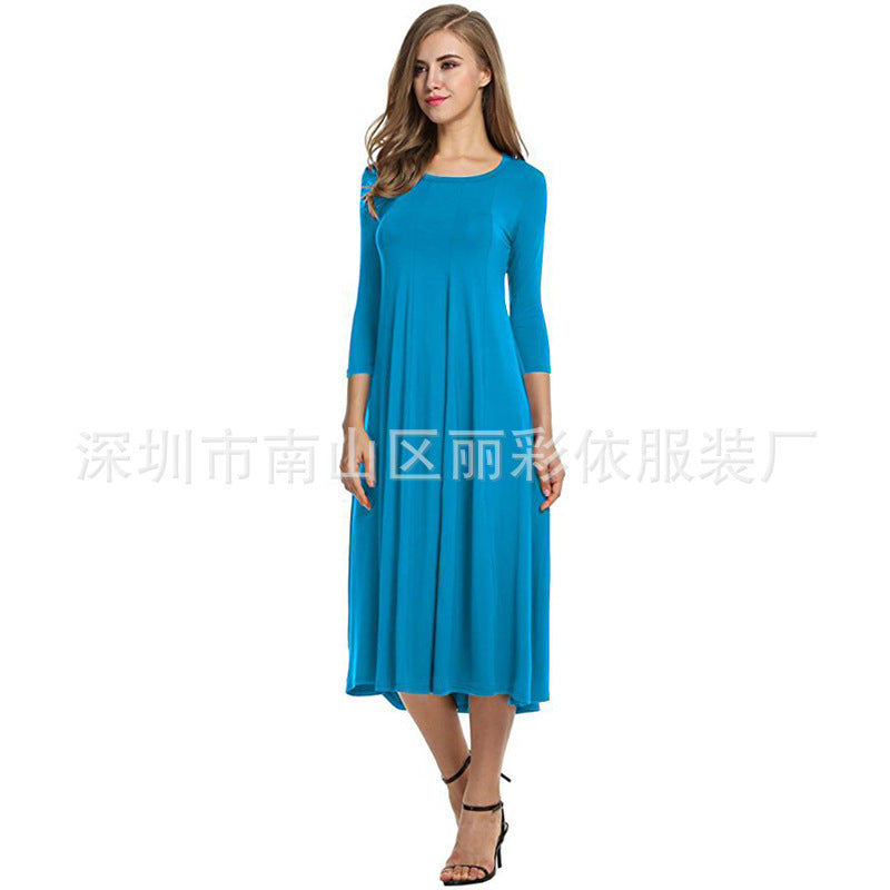Round neck middle sleeve solid color large swing dress