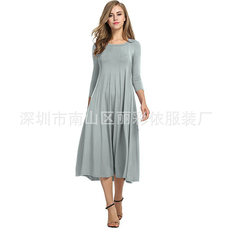 Round neck middle sleeve solid color large swing dress