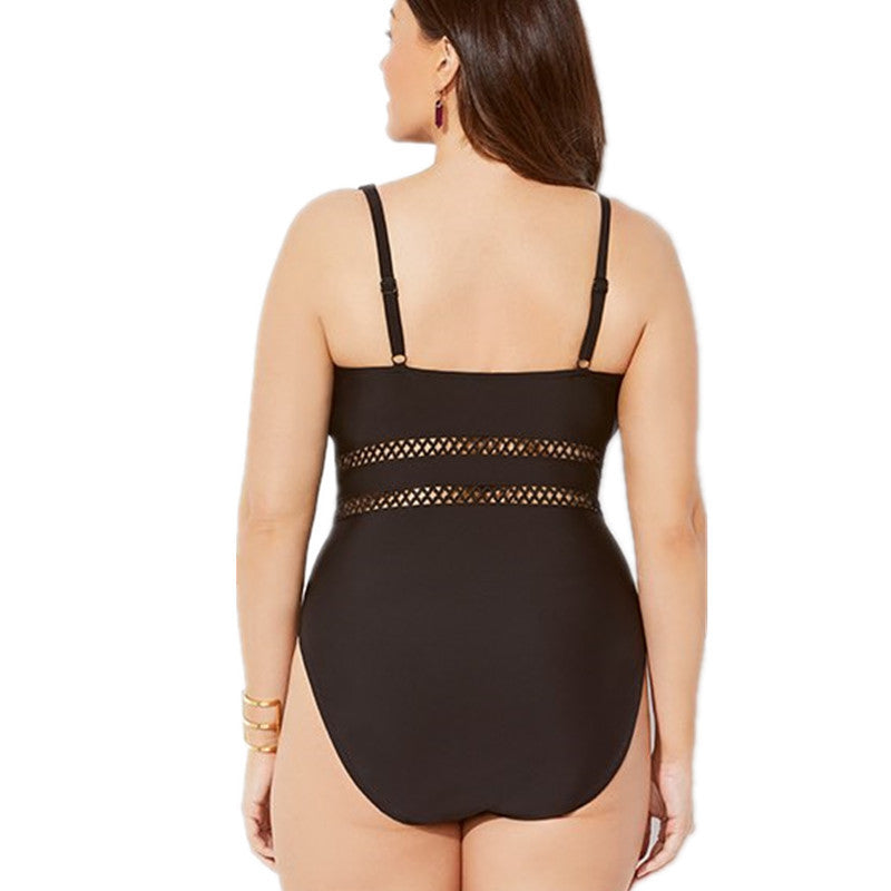 Plus Size Arrival Ladies  Swimsuit Solid Color Mesh Fabric Stitching plus-Sized Swimwear