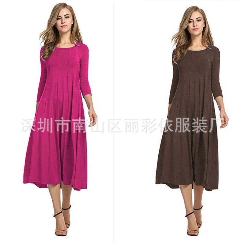 Round neck middle sleeve solid color large swing dress