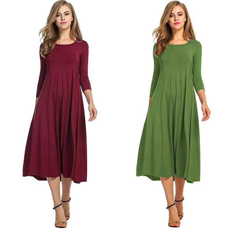 Round neck middle sleeve solid color large swing dress