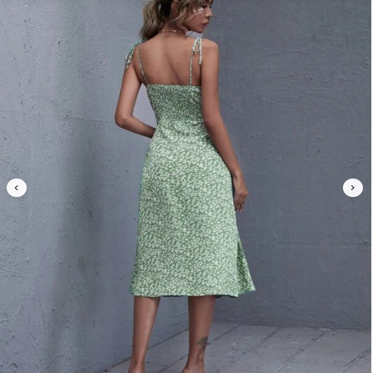 Summer mid-length skirt sling print green dresses