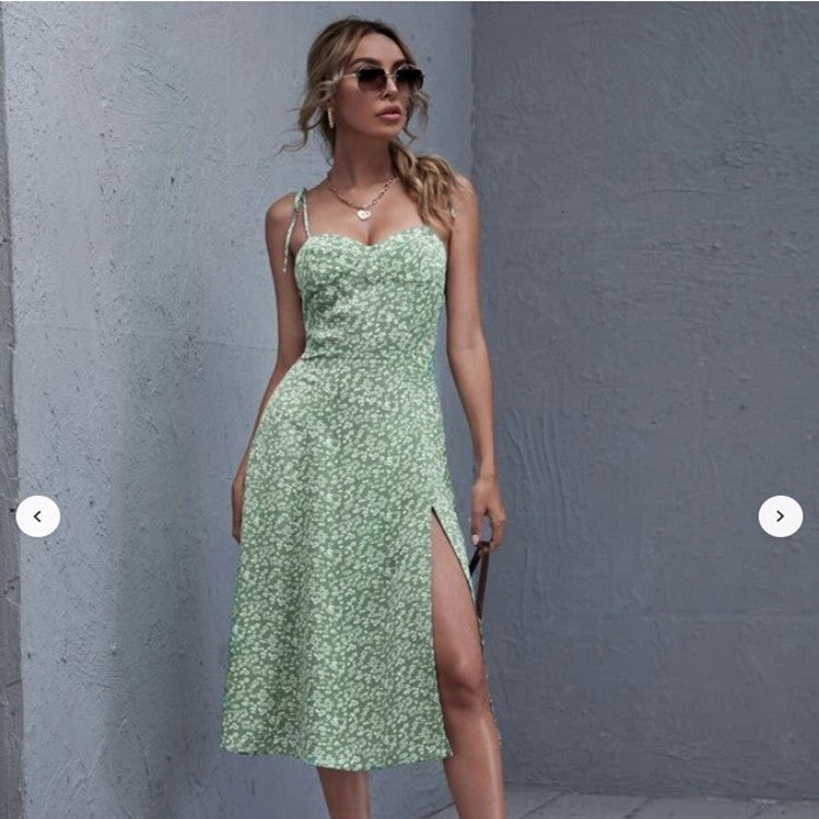 Summer mid-length skirt sling print green dresses
