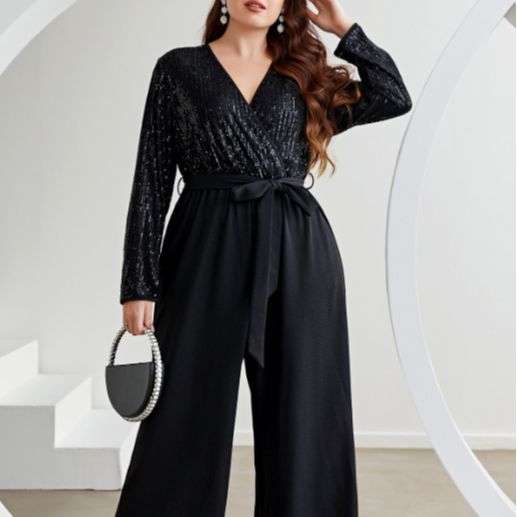 Plus Size Sexy Tied V neck Sequined Jumpsuit Loose High Waist Solid Color