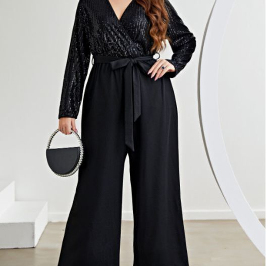 Plus Size Sexy Tied V neck Sequined Jumpsuit Loose High Waist Solid Color