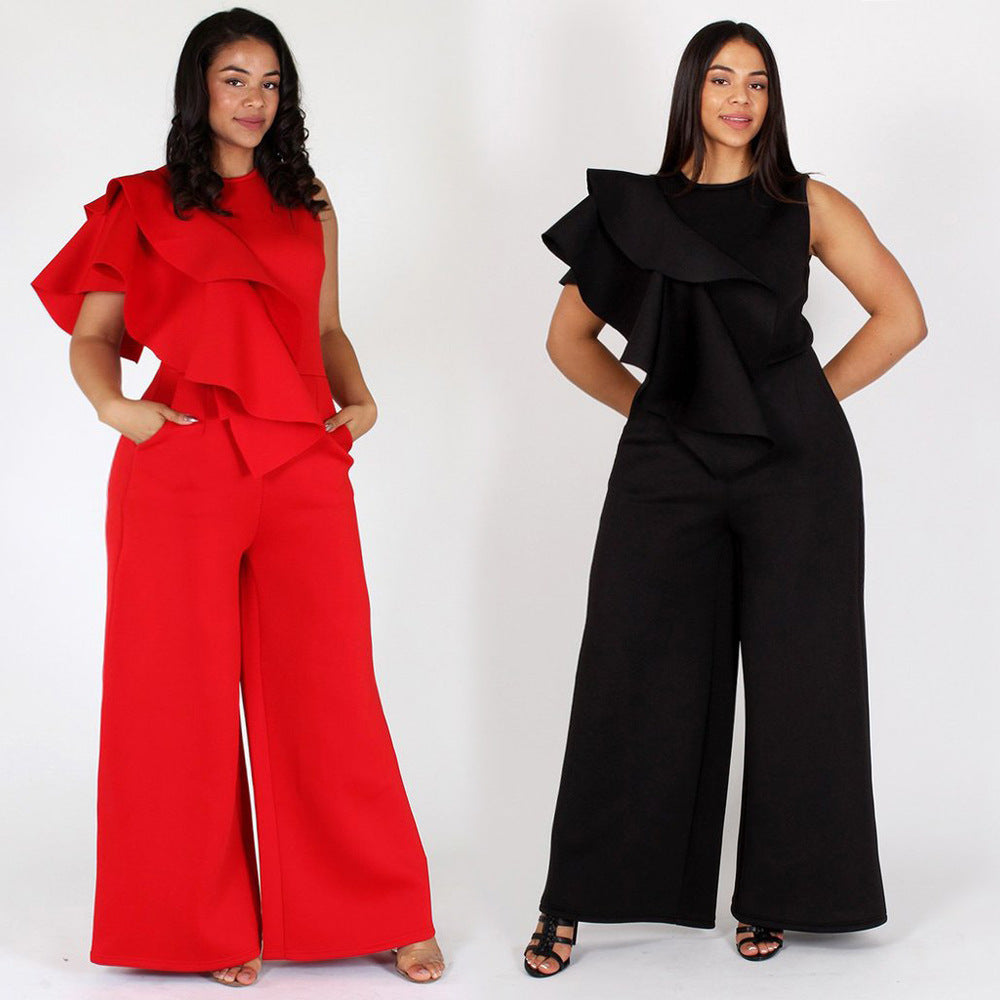 Plus Size Plus Size Summer New Loose Solid Color Ruffles Sexy Sleeveless Jumpsuit