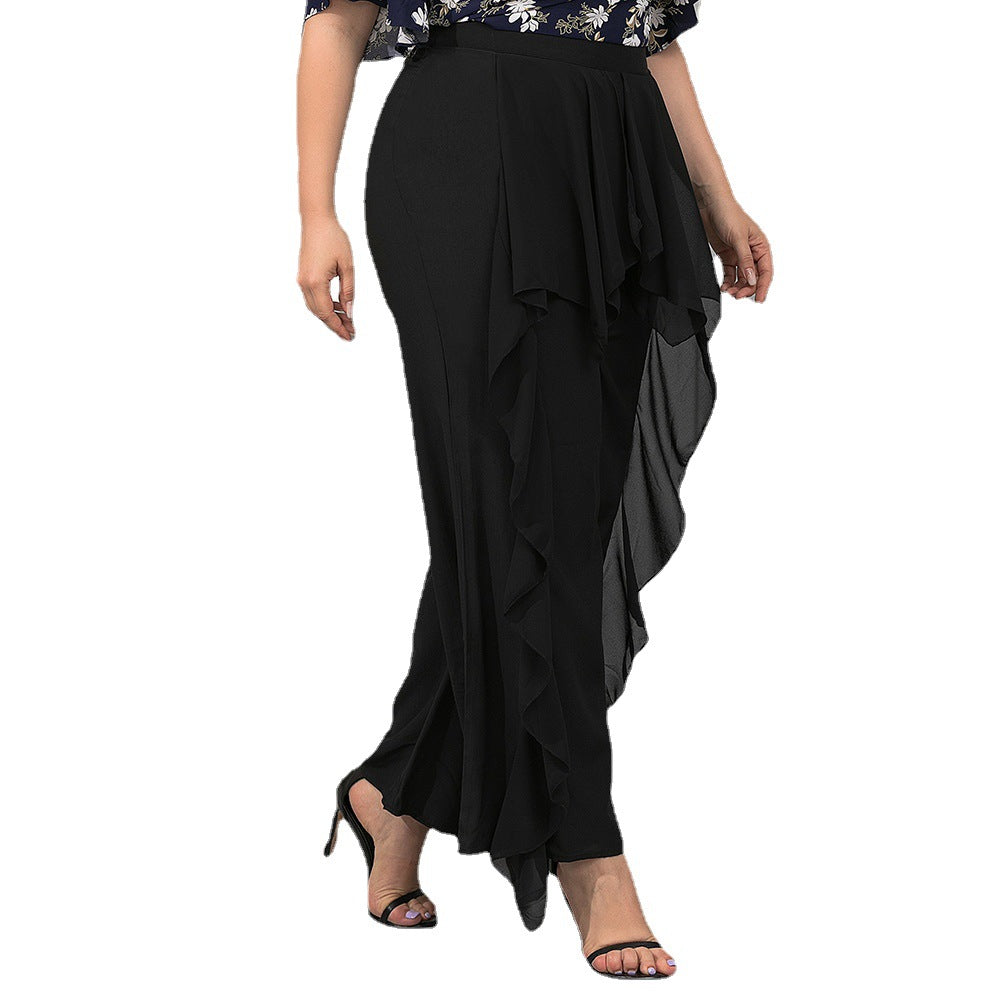 Plus Size Spring Autumn Women Clothing Solid Color Chiffon Ruffled Stitching Trousers Casual