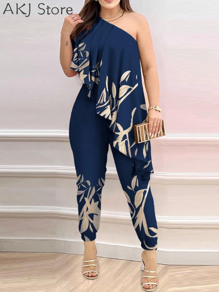 Women Print One Shoulder Asymmetrical Ruffles Party Jumpsuit Rswank