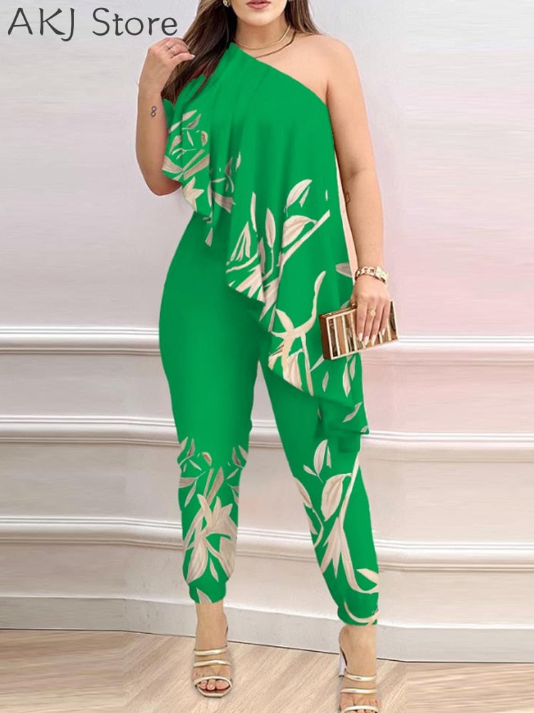 Women Print One Shoulder Asymmetrical Ruffles Party Jumpsuit Rswank