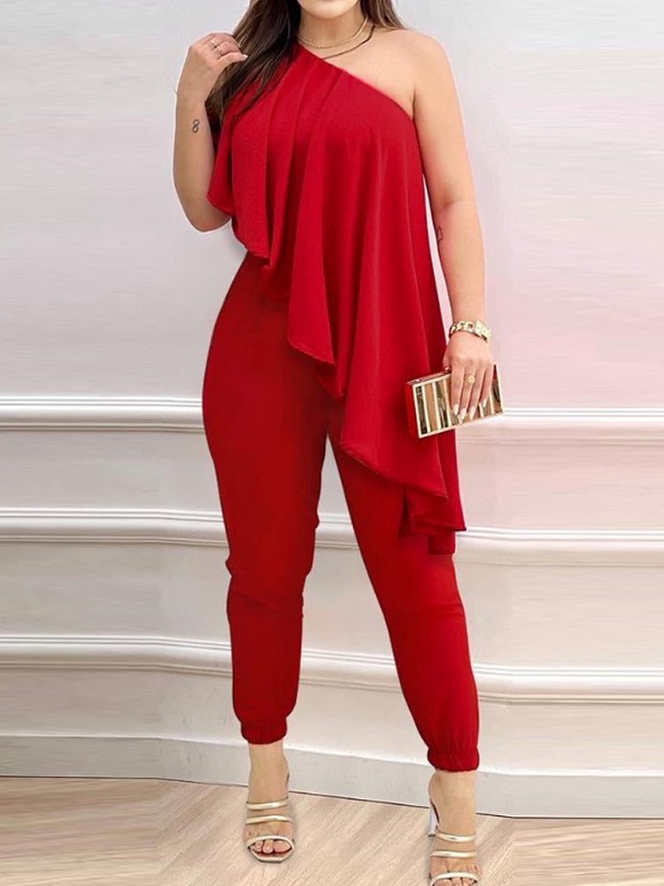 Women Print One Shoulder Asymmetrical Ruffles Party Jumpsuit Rswank