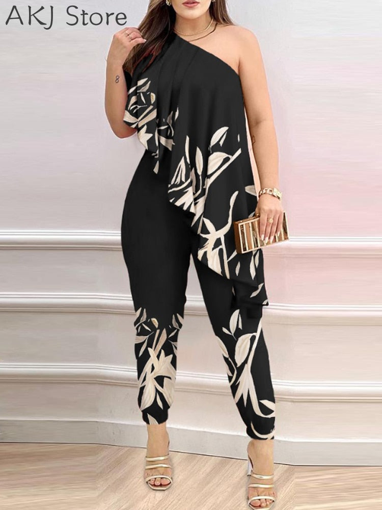 Women Print One Shoulder Asymmetrical Ruffles Party Jumpsuit Rswank