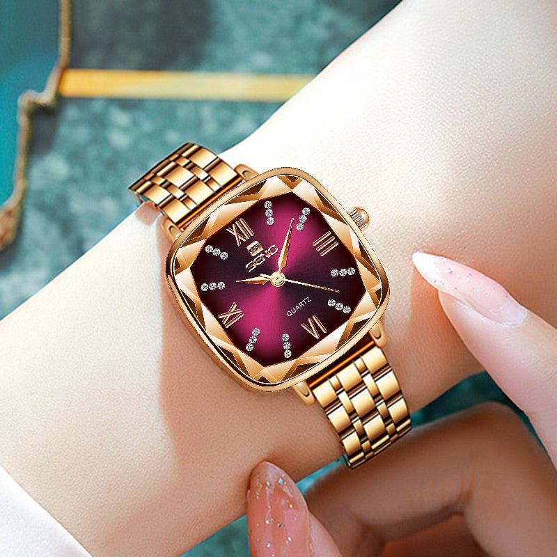 Women Wrist Watch 2022 Square Rose Gold Ladies Watch For Female Clock Stainless Steel Women Watches Top Brand Luxury Rhinestone Rswank