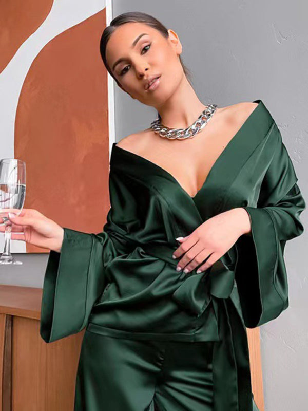 Women's Solid Color Velour Robe & Pajama Pants Set kakaclo