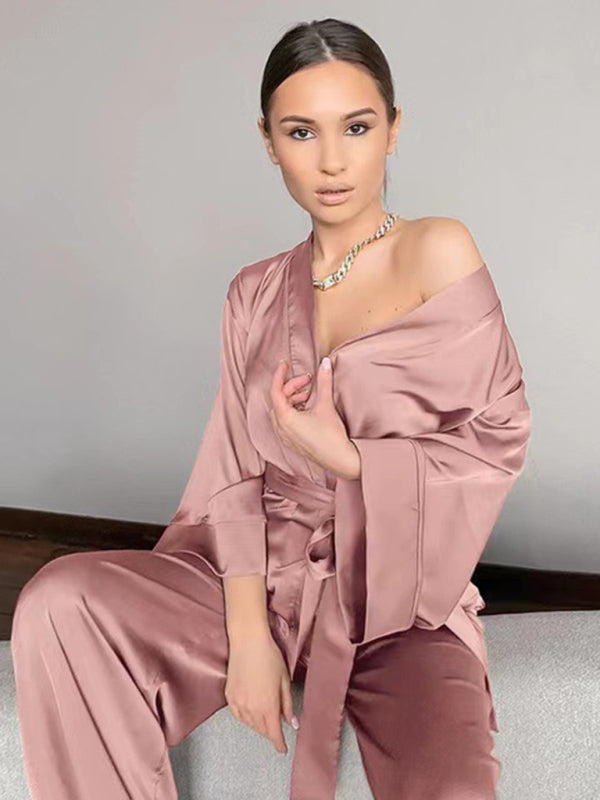 Women's Solid Color Velour Robe & Pajama Pants Set kakaclo