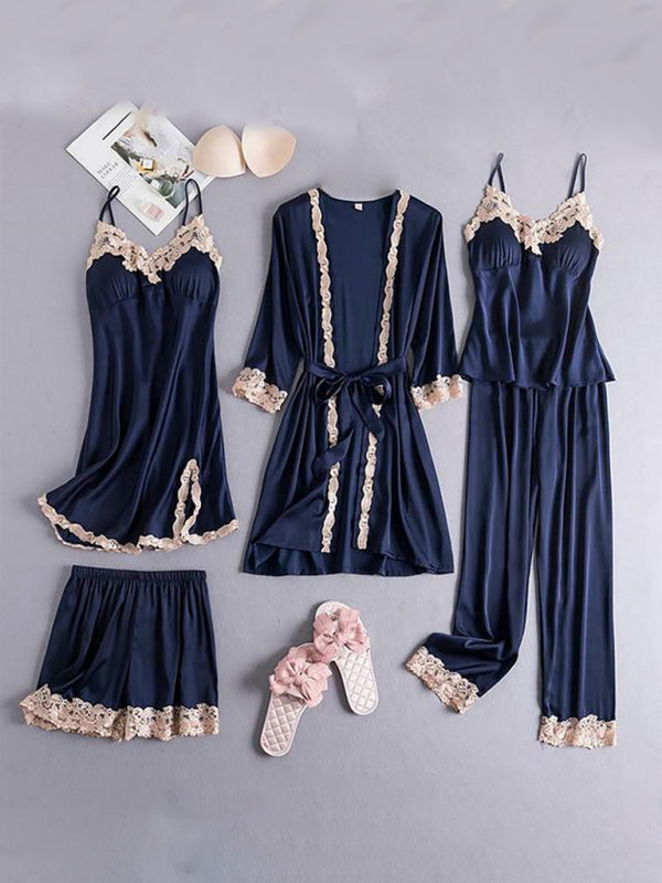 Women's Lace & Satin Chemise Pajama Set Robe 5 Piece Set kakaclo