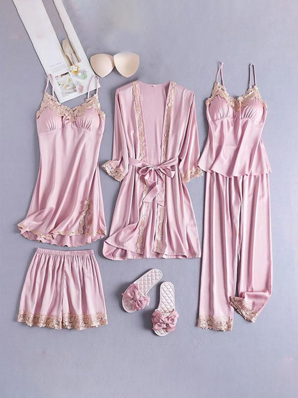 Women's Lace & Satin Chemise Pajama Set Robe 5 Piece Set kakaclo