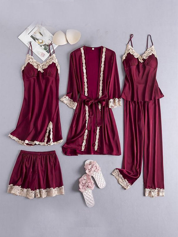 Women's Lace & Satin Chemise Pajama Set Robe 5 Piece Set kakaclo