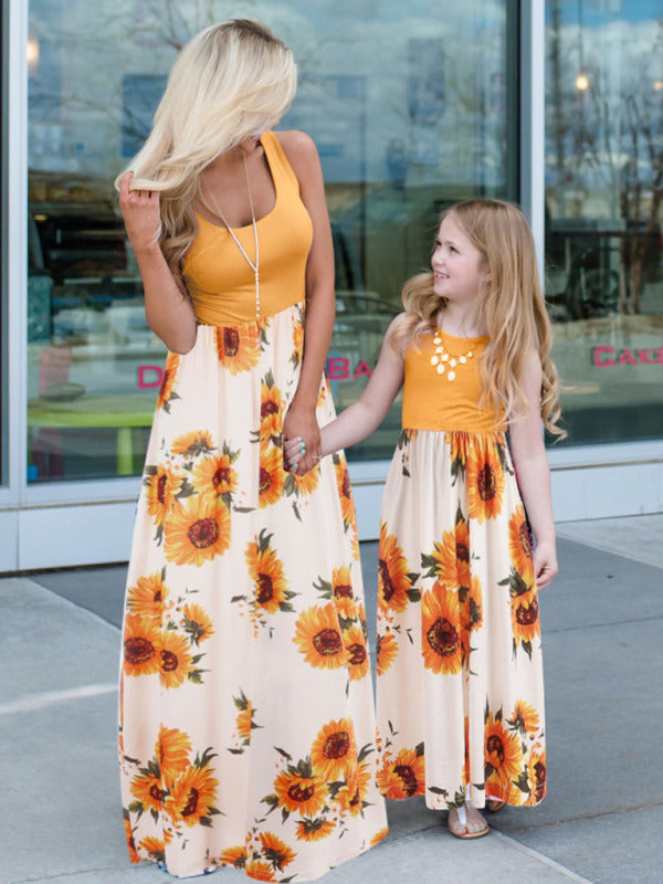 Kid's Mixed Media Tank Floral Print Mother-Daughter Dress