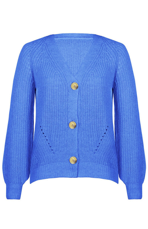 Solid V-Neck Lantern Sleeve Button Knit Cardigan kakaclo