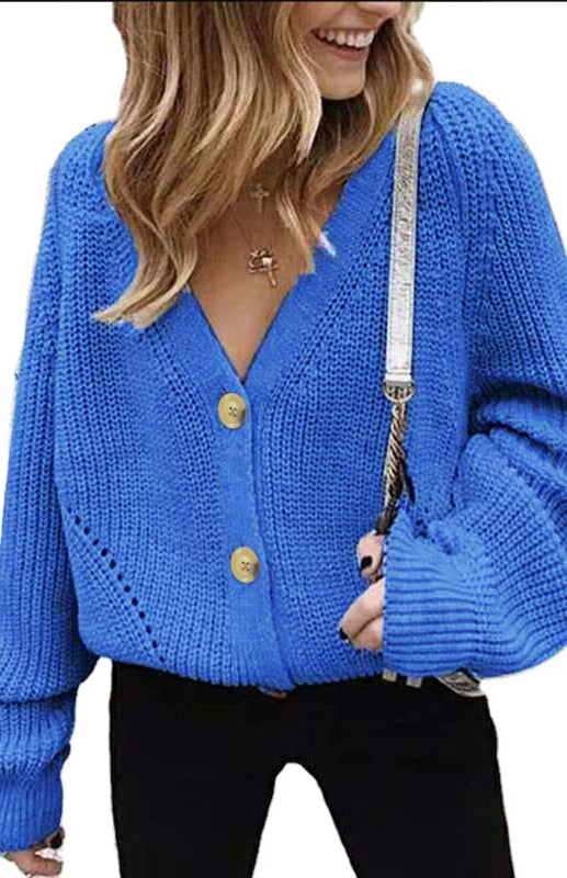 Solid V-Neck Lantern Sleeve Button Knit Cardigan kakaclo