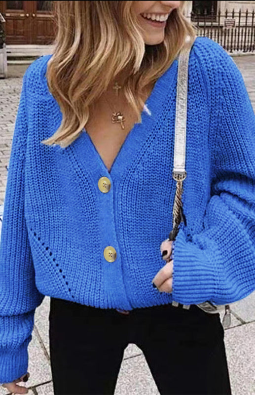 Solid V-Neck Lantern Sleeve Button Knit Cardigan kakaclo