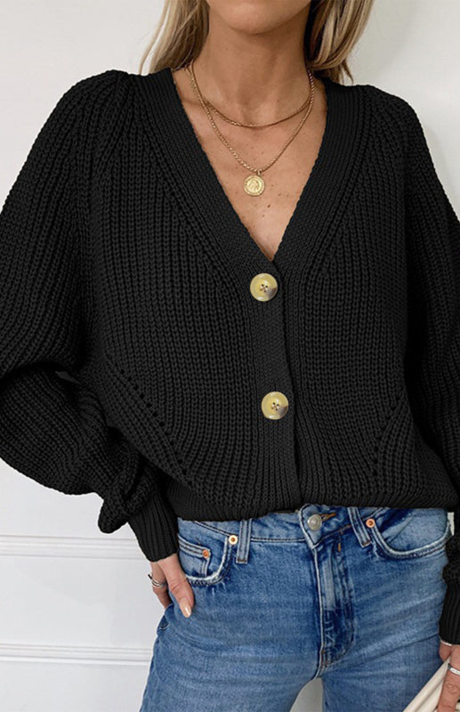 Solid V-Neck Lantern Sleeve Button Knit Cardigan kakaclo