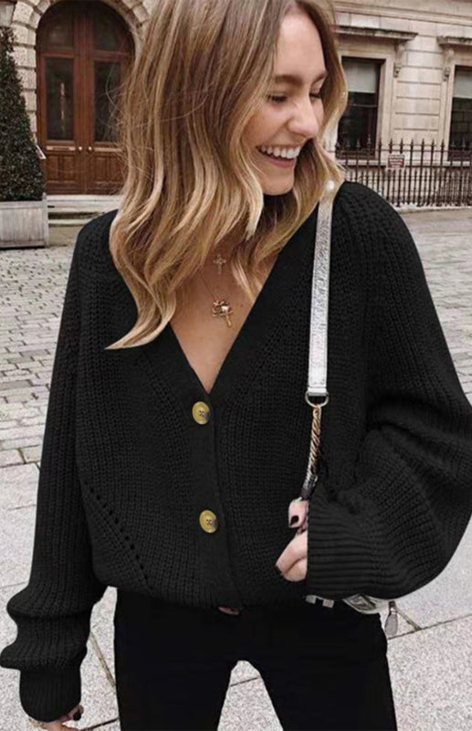 Solid V-Neck Lantern Sleeve Button Knit Cardigan kakaclo
