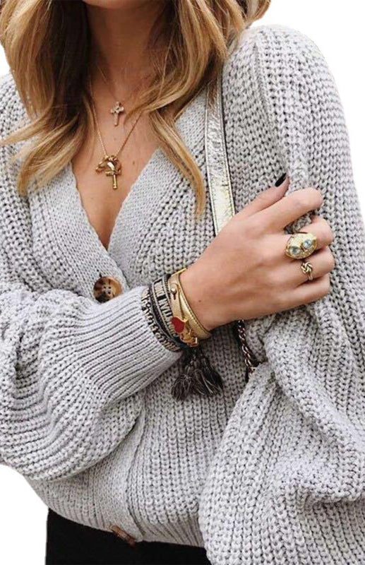 Solid V-Neck Lantern Sleeve Button Knit Cardigan kakaclo