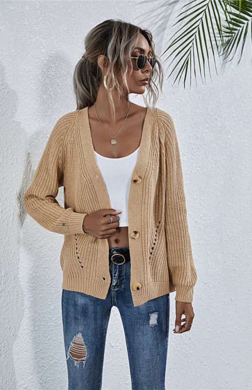 Solid V-Neck Lantern Sleeve Button Knit Cardigan kakaclo