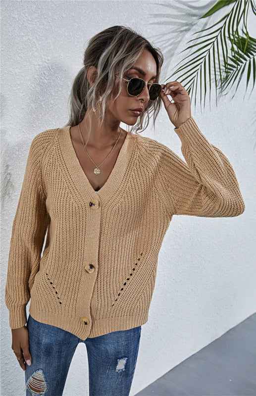 Solid V-Neck Lantern Sleeve Button Knit Cardigan kakaclo
