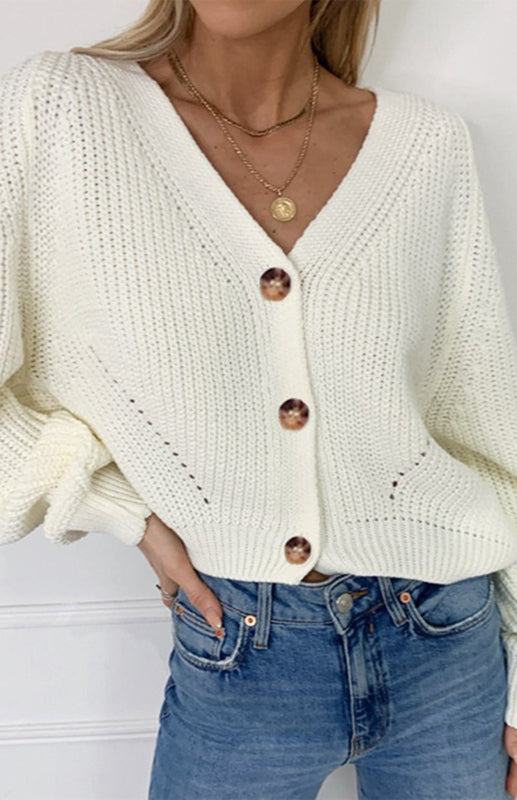 Solid V-Neck Lantern Sleeve Button Knit Cardigan kakaclo